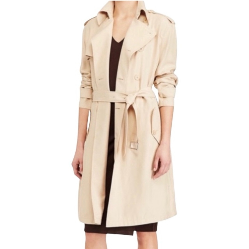 LAUREN Ralph Lauren Double Breasted Spread Collar Trench Coat, Pale Wheat, Large
